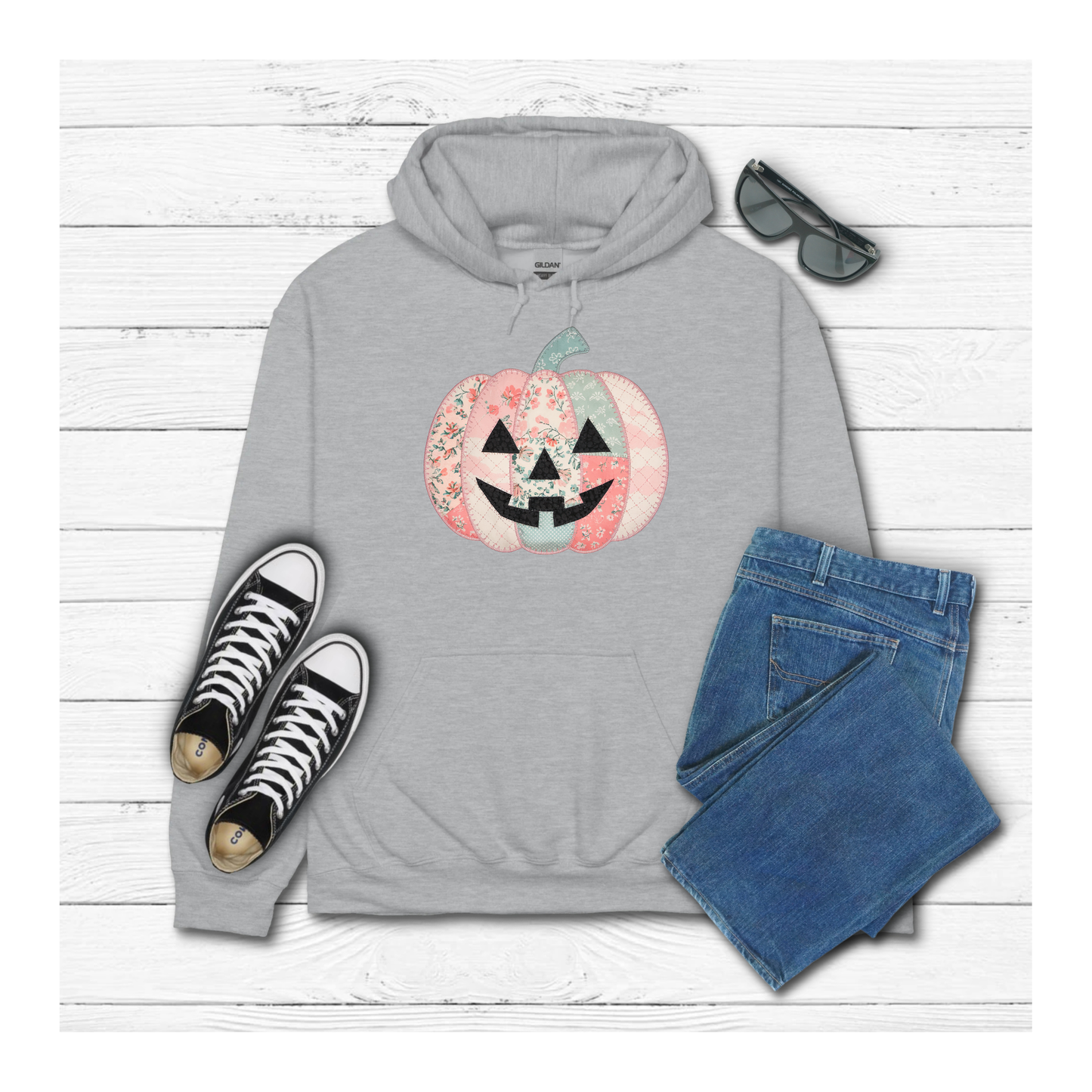Fall Patched Pumpkin w Face - Hoodie