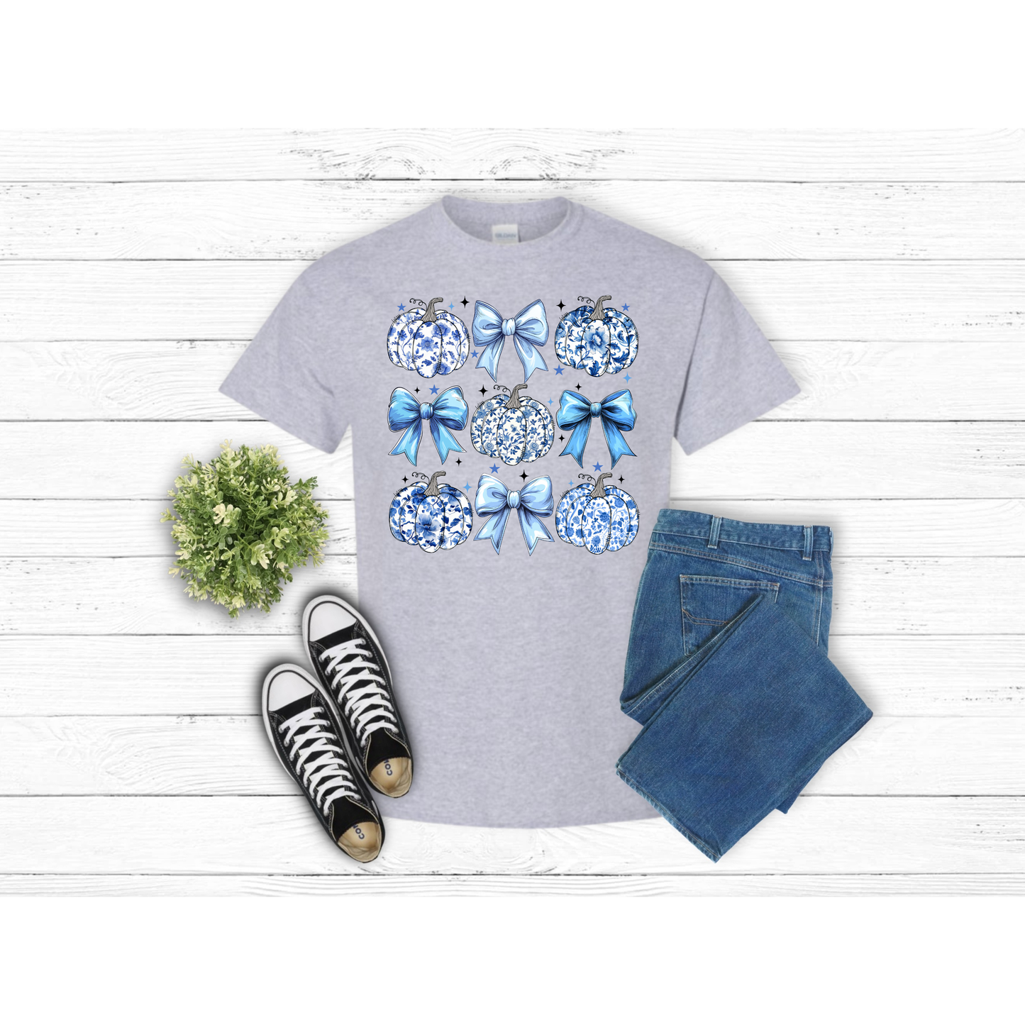 Fall Blue Bows and Pumpkins - T-Shirt