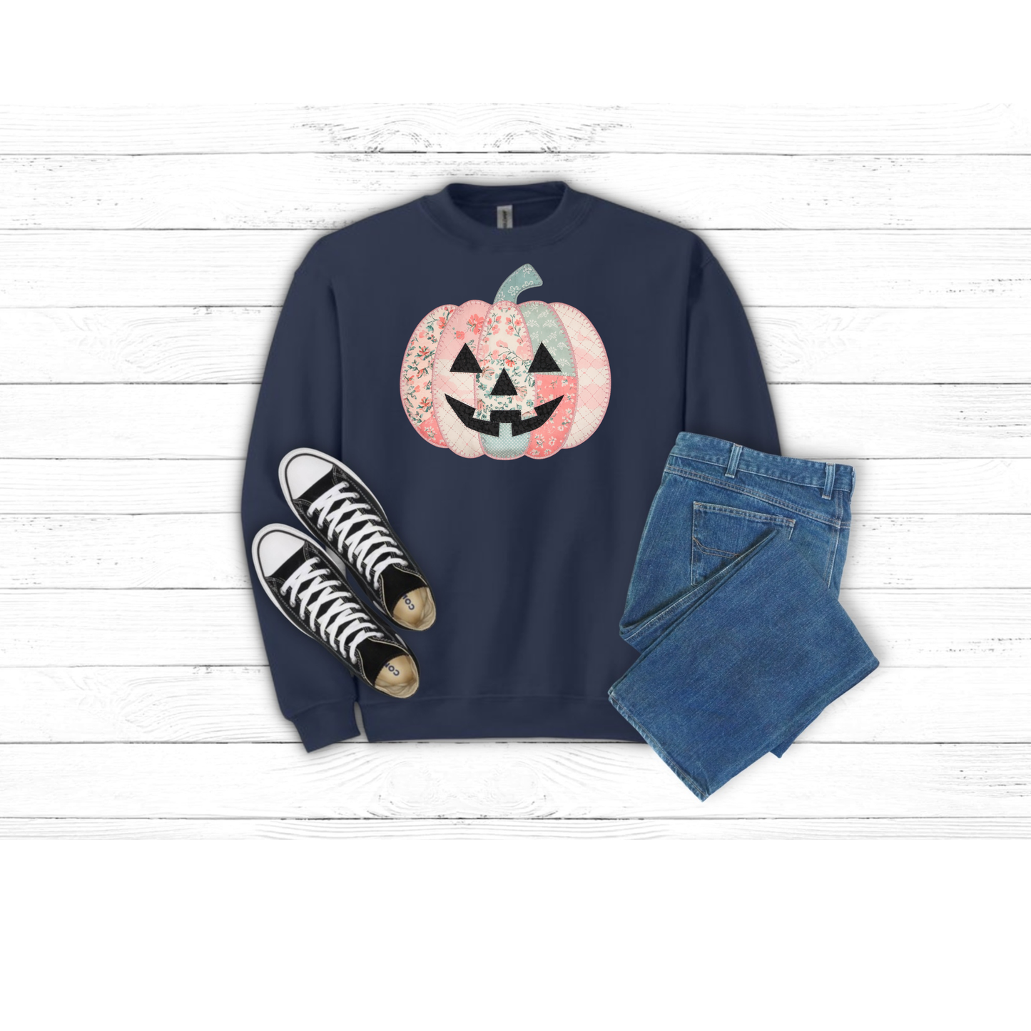 Fall Patched Pumpkin w Face - Crewneck