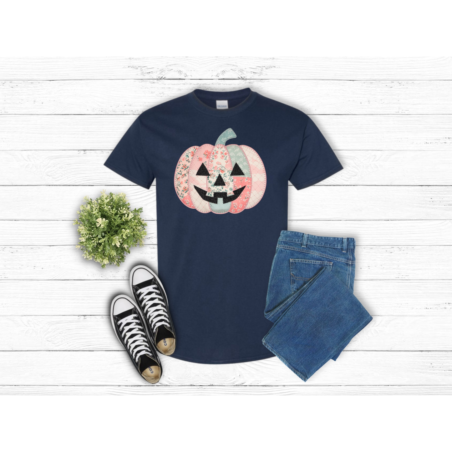 Fall Patched Pumpkin w Face - T-Shirt