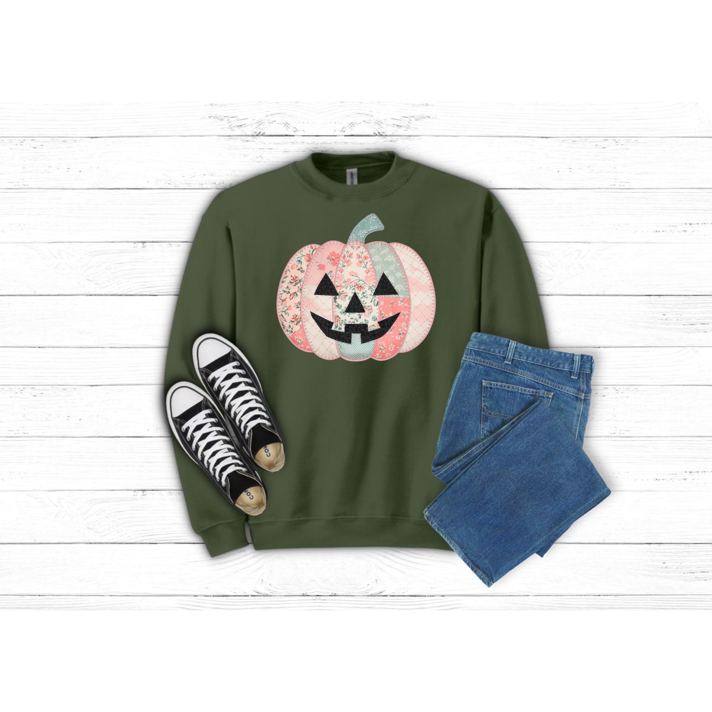 Fall Patched Pumpkin w Face - Crewneck