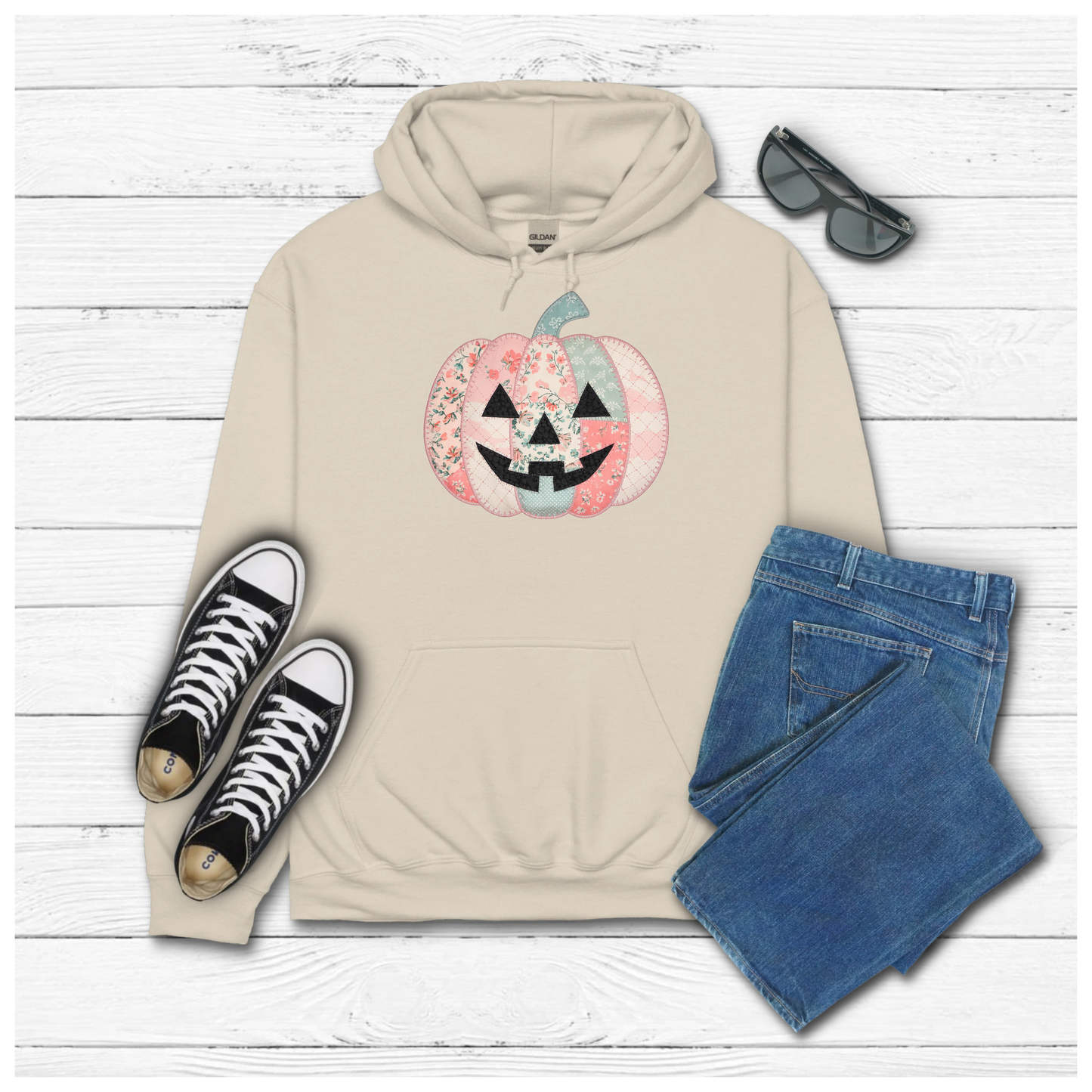 Fall Patched Pumpkin w Face - Hoodie