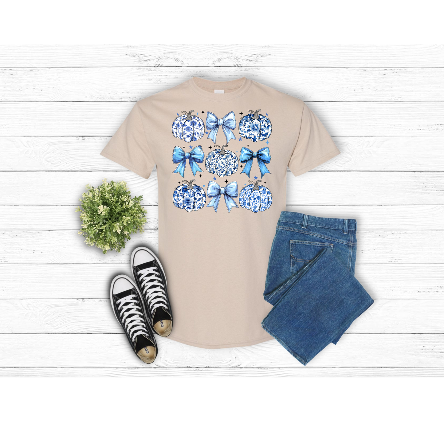 Fall Blue Bows and Pumpkins - T-Shirt