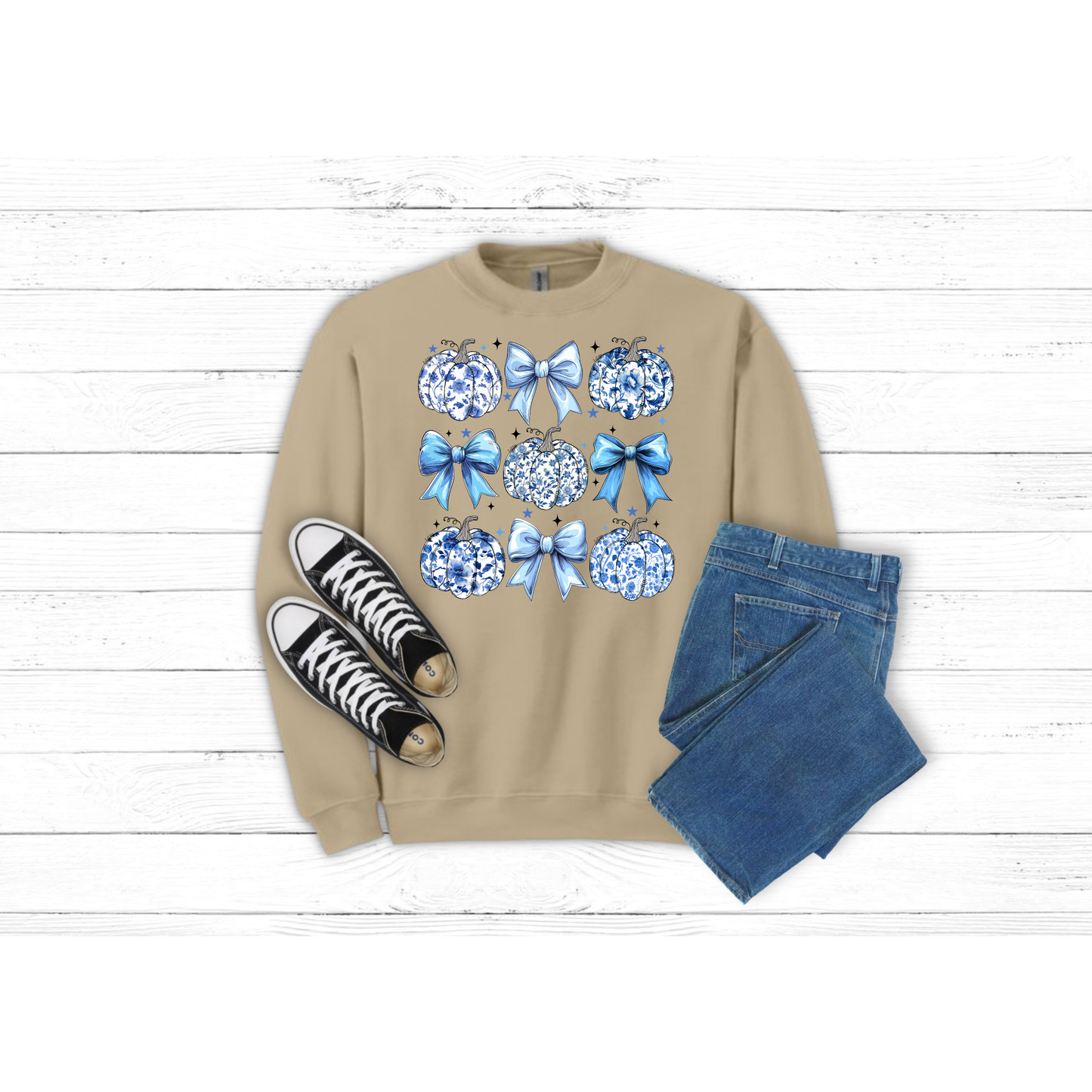 Fall Blue Bows and Pumpkins - Crewneck