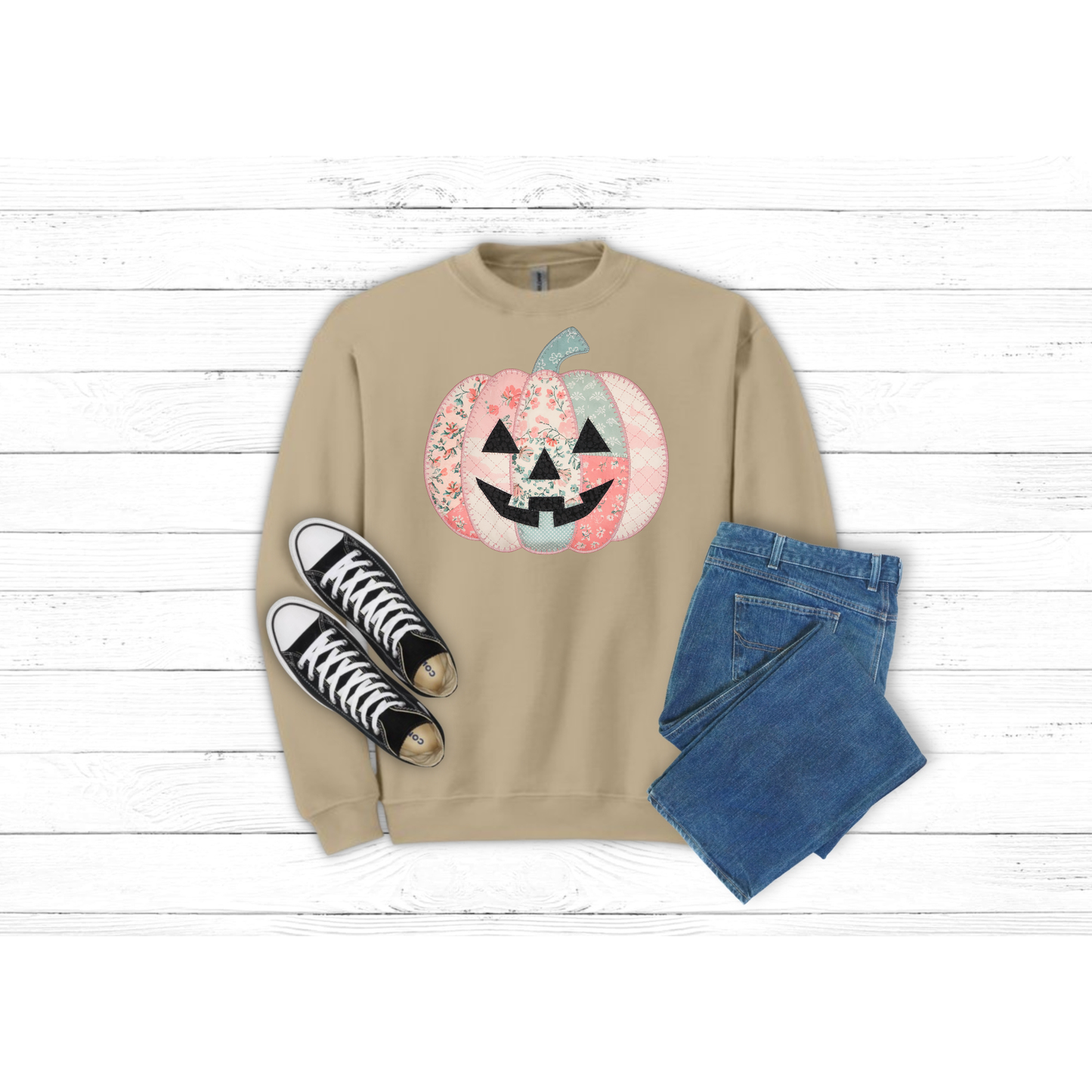 Fall Patched Pumpkin w Face - Crewneck
