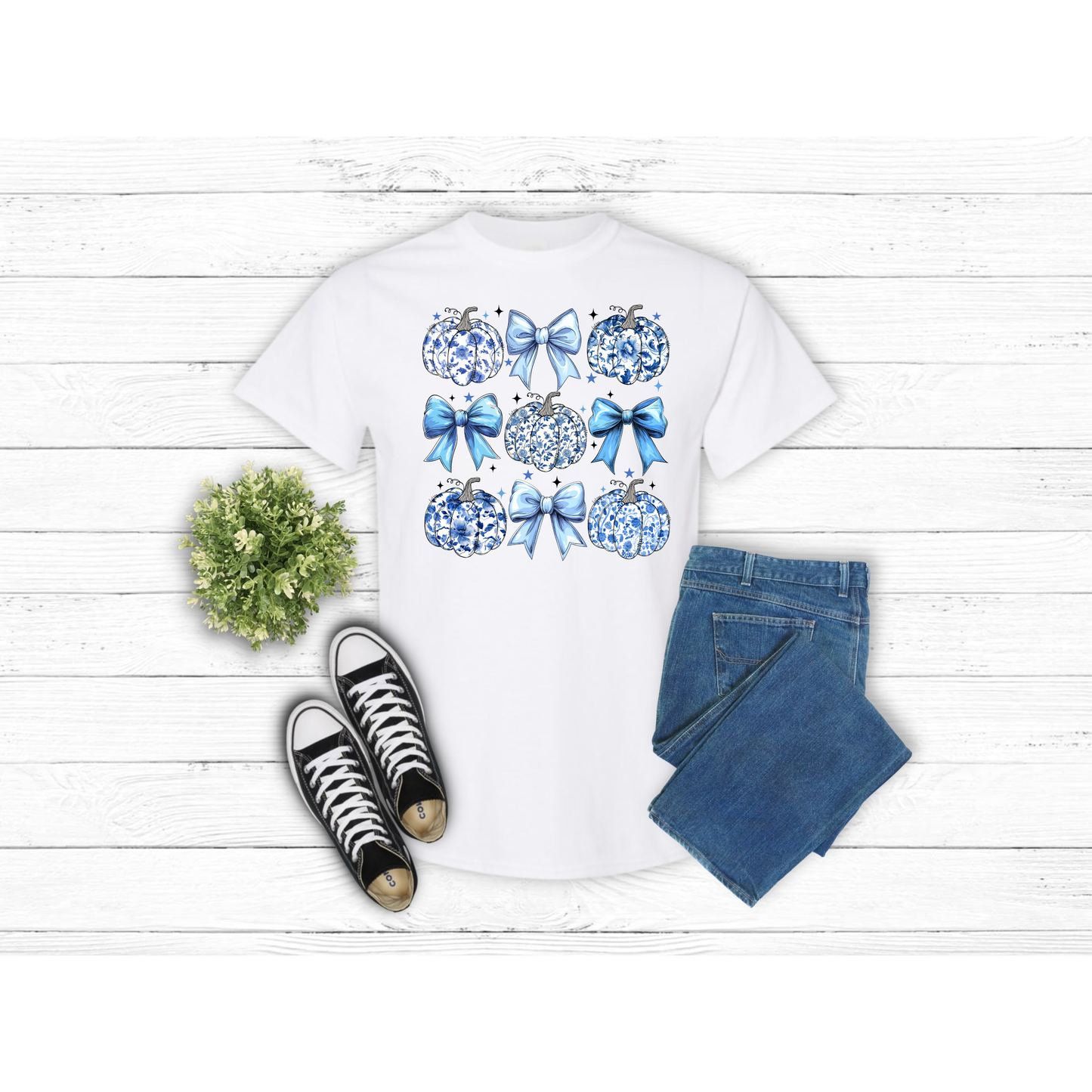 Fall Blue Bows and Pumpkins - T-Shirt