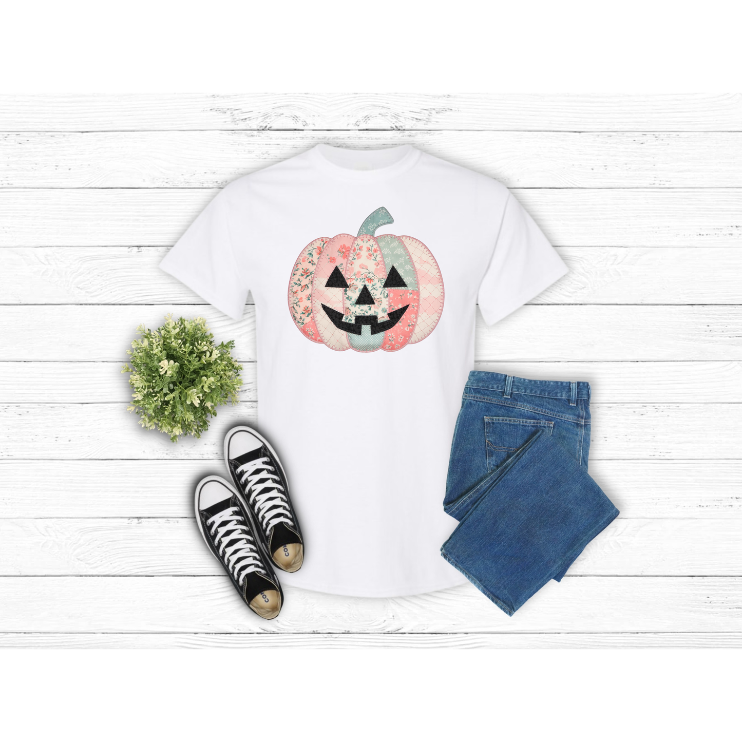 Fall Patched Pumpkin w Face - T-Shirt