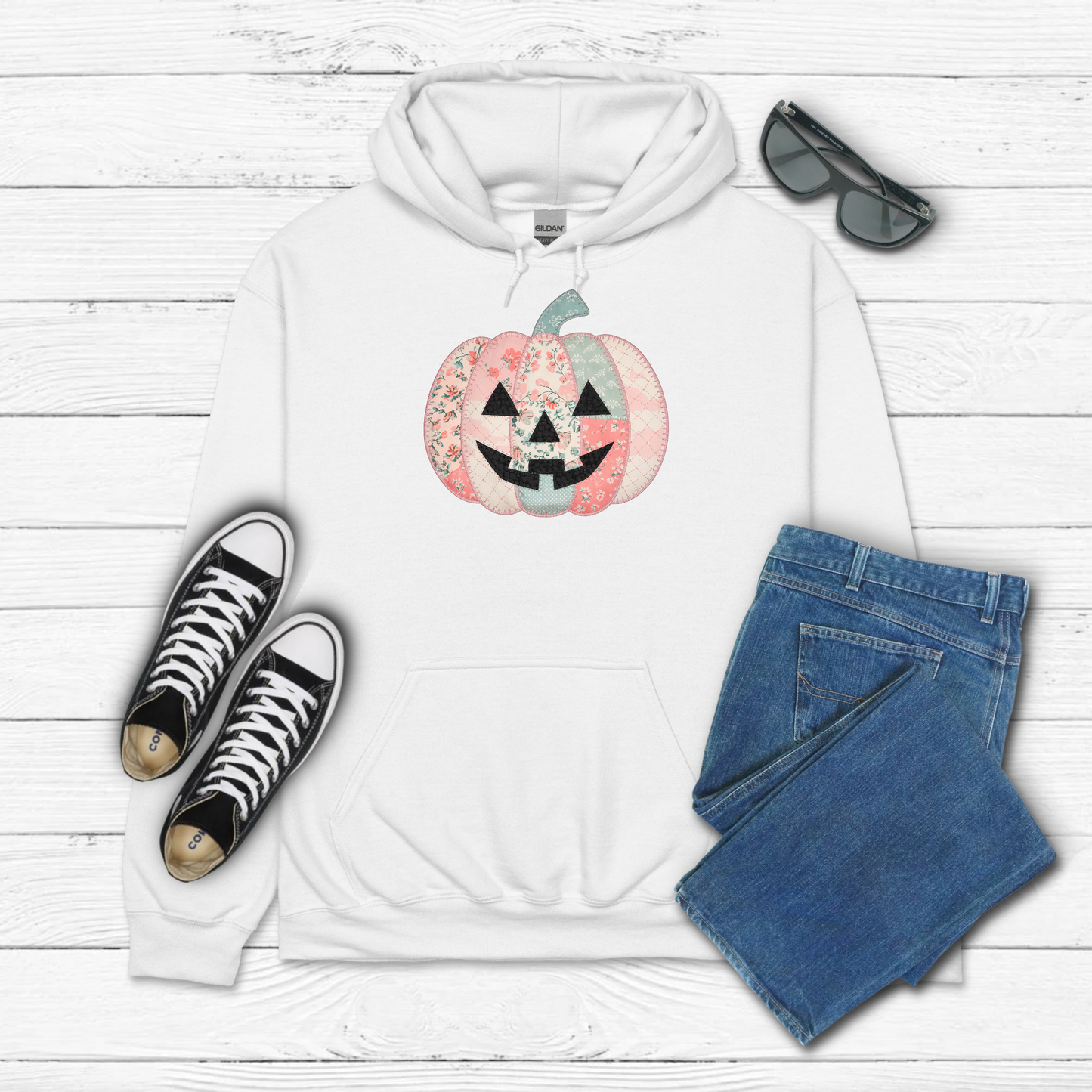 Fall Patched Pumpkin w Face - Hoodie