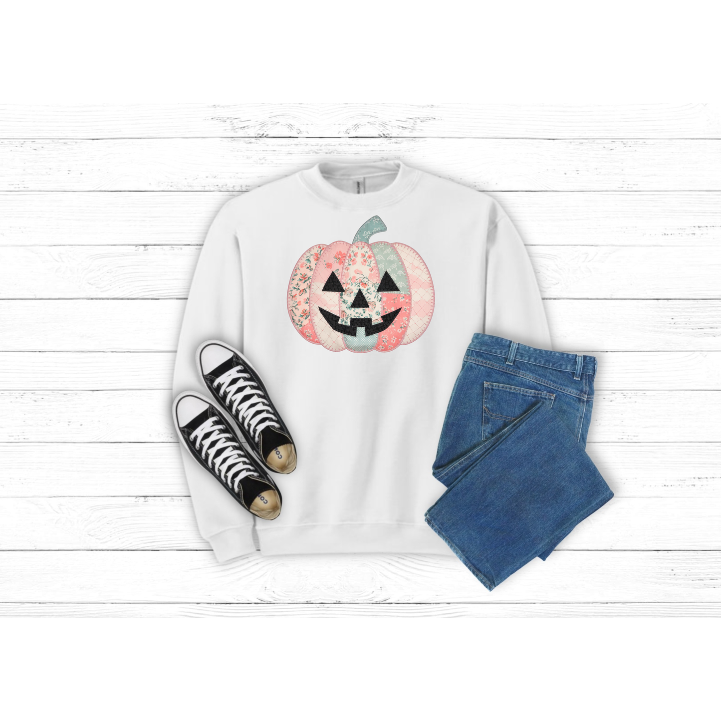 Fall Patched Pumpkin w Face - Crewneck