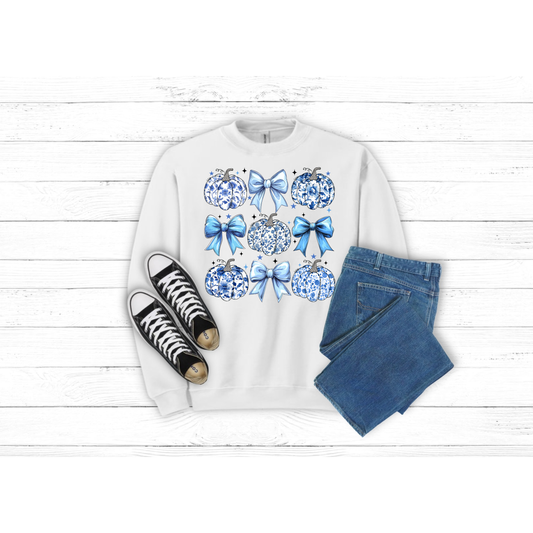 Fall Blue Bows and Pumpkins - Crewneck