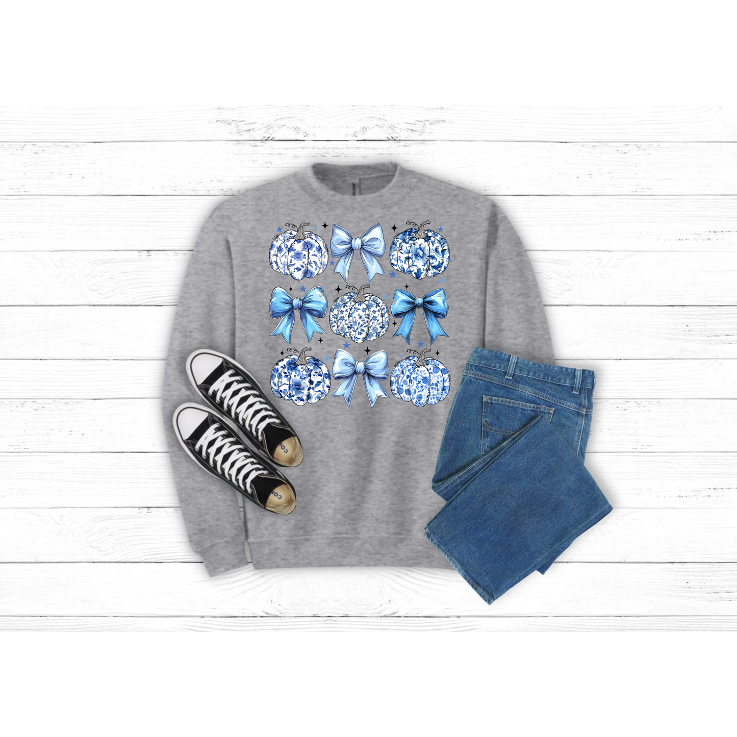 Fall Blue Bows and Pumpkins - Crewneck