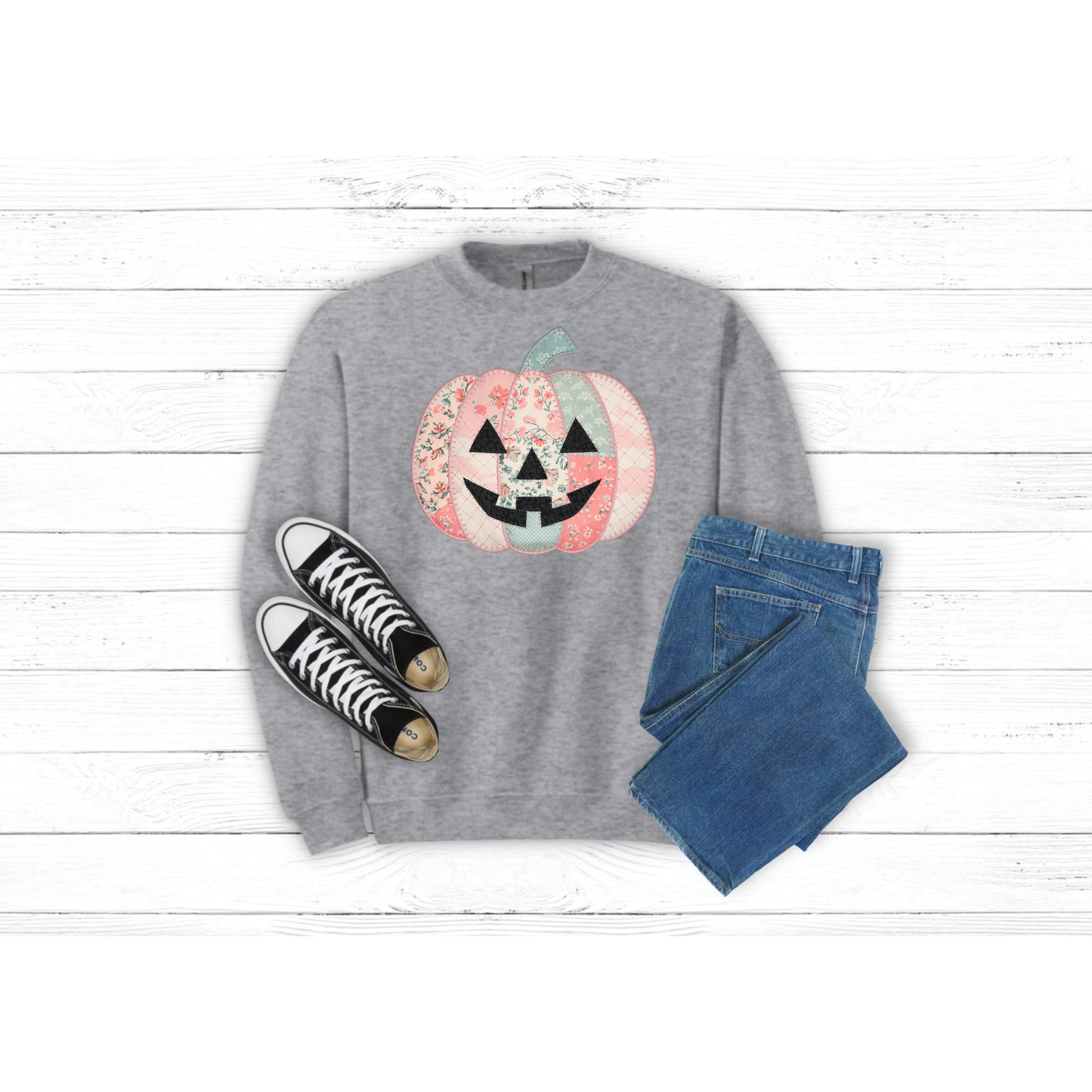 Fall Patched Pumpkin w Face - Crewneck